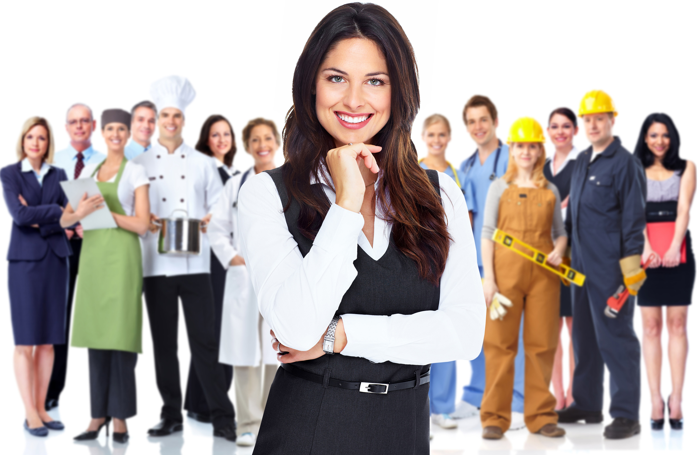Business woman and group of workers people. Isolated over white background.